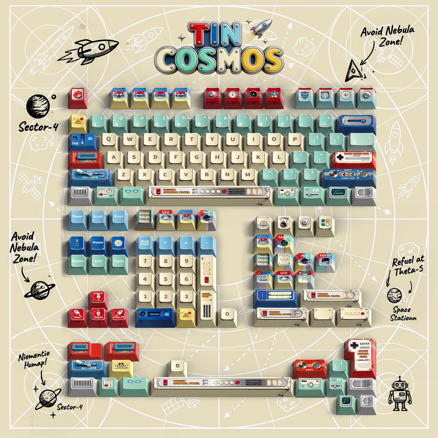 Tin‑Cosmos Vintage Space Custom Keyset | 1950s Retro Sci‑Fi Keycaps