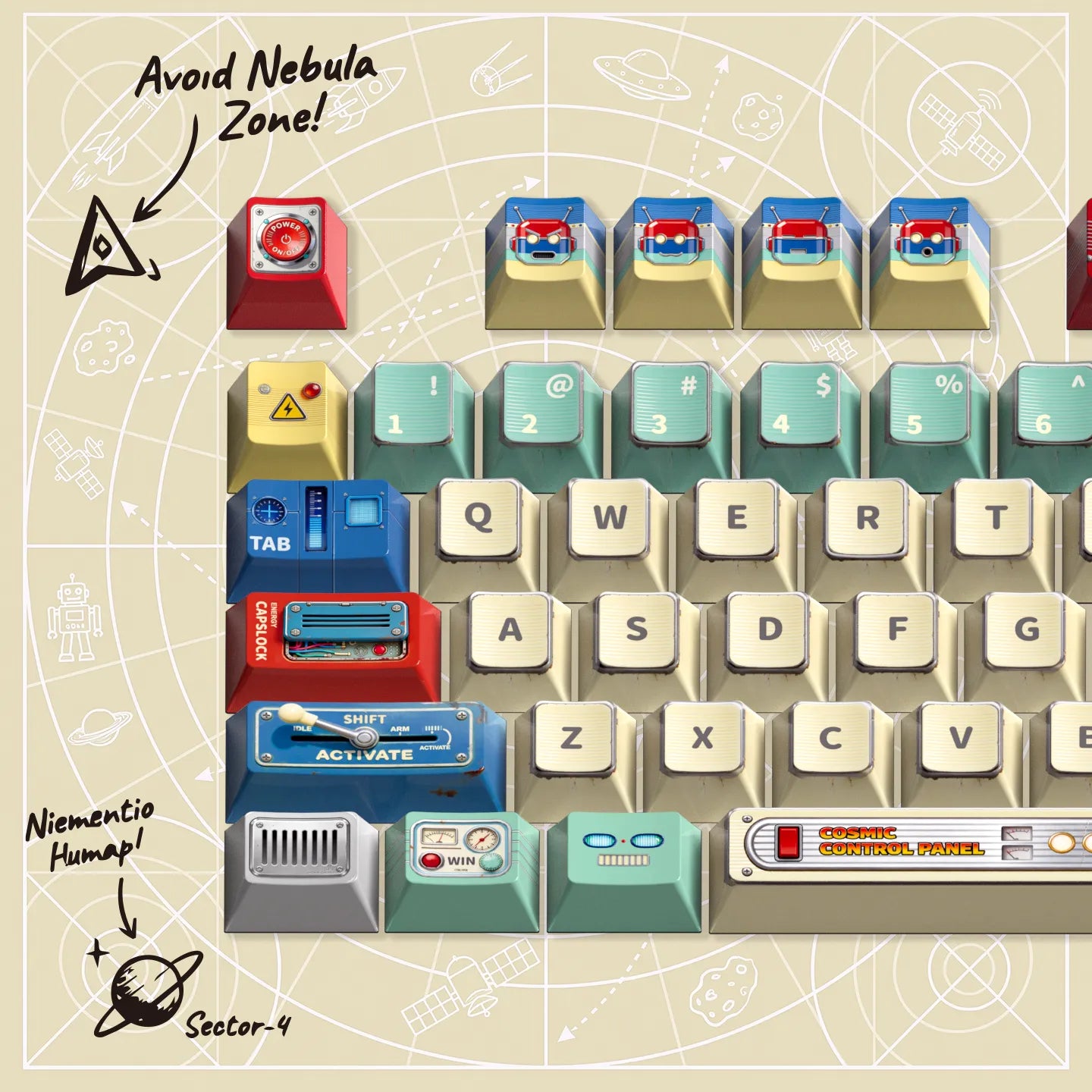 Tin‑Cosmos Vintage Space Custom Keyset | 1950s Retro Sci‑Fi Keycaps