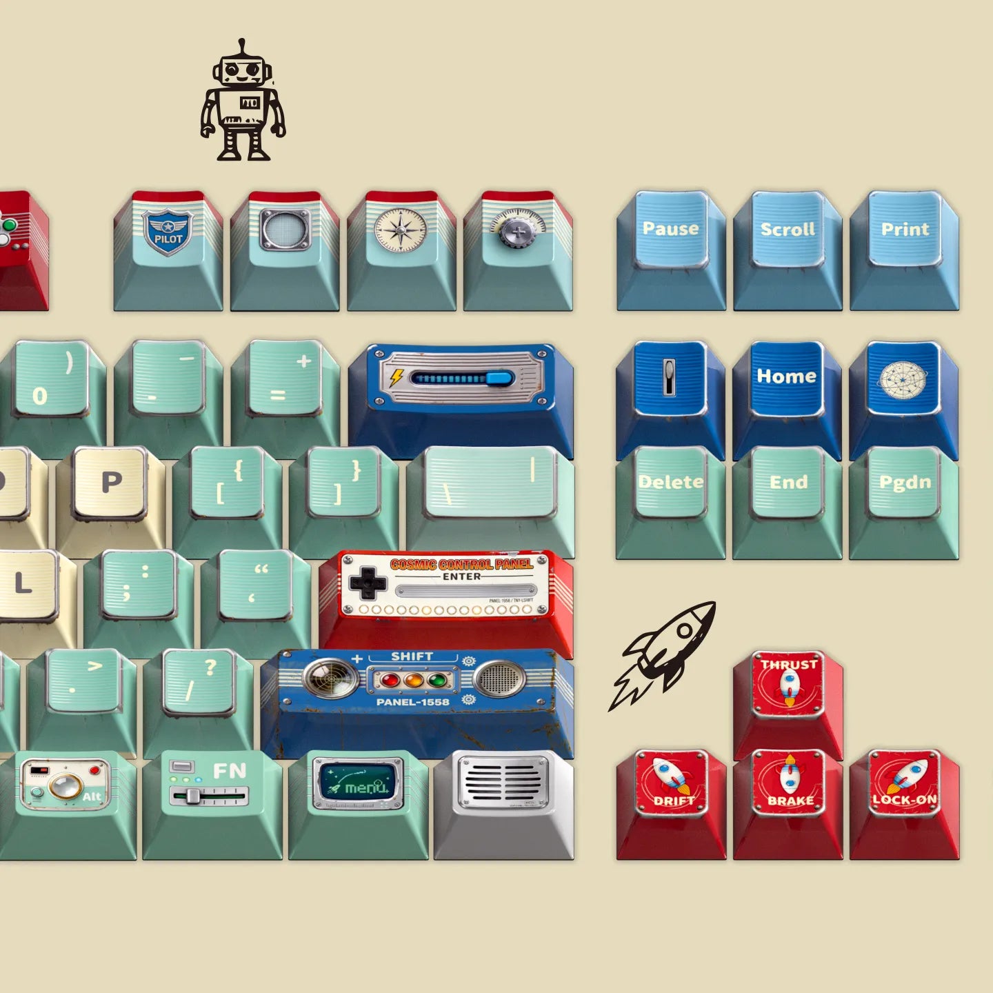 Tin‑Cosmos Vintage Space Custom Keyset | 1950s Retro Sci‑Fi Keycaps