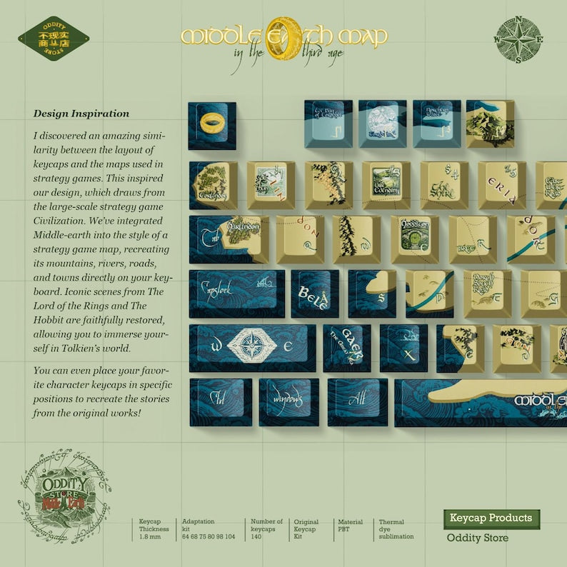 Lord of the Rings Keycap Set | Middle Earth Map Mechanical Keyboard | Fantasy Keycaps | LOTR Gift for Him