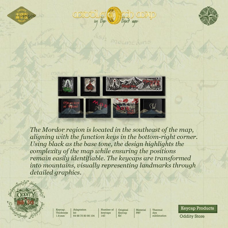 Lord of the Rings Keycap Set | Middle Earth Map Mechanical Keyboard | Fantasy Keycaps | LOTR Gift for Him
