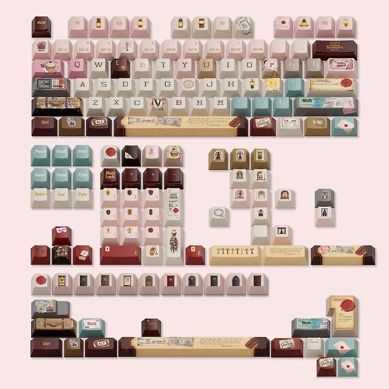 Grand Budapest–Inspired Keycaps | Vintage Hotel Keyboard Set | Pastel Pink Film Art Mechanical Keycaps