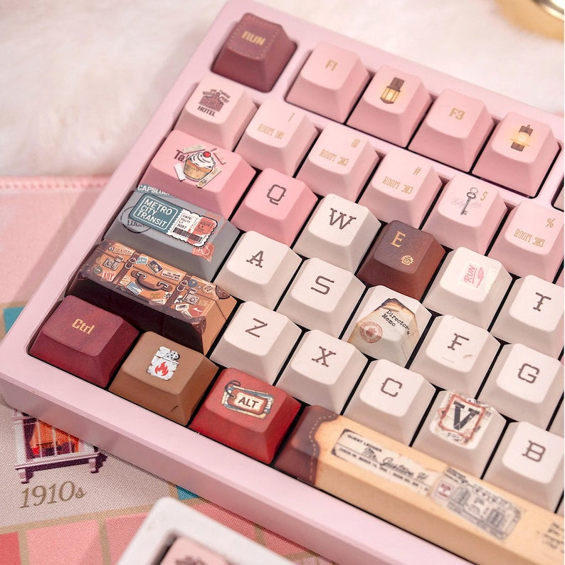 Grand Budapest–Inspired Keycaps | Vintage Hotel Keyboard Set | Pastel Pink Film Art Mechanical Keycaps