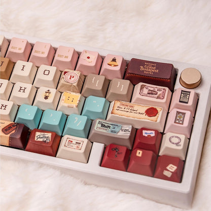 Grand Budapest–Inspired Keycaps | Vintage Hotel Keyboard Set | Pastel Pink Film Art Mechanical Keycaps
