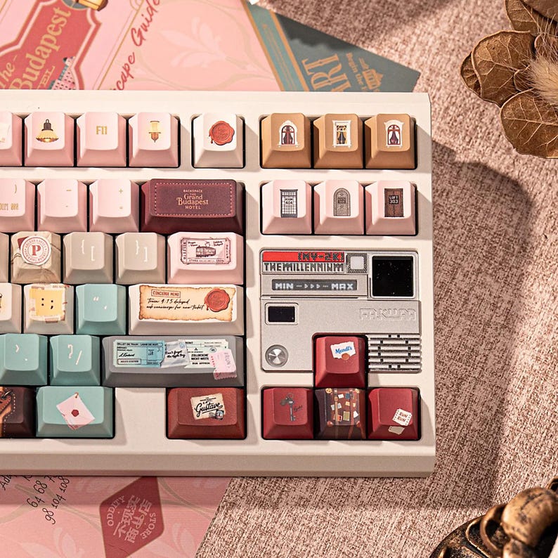 Grand Budapest–Inspired Keycaps | Vintage Hotel Keyboard Set | Pastel Pink Film Art Mechanical Keycaps