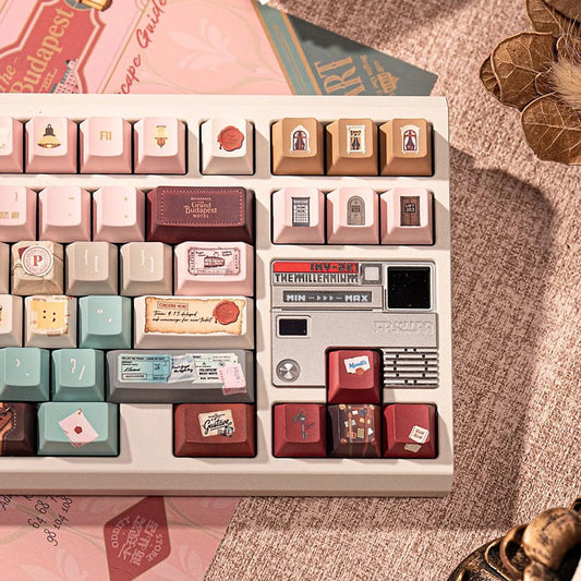 Grand Budapest–Inspired Keycaps | Vintage Hotel Keyboard Set | Pastel Pink Film Art Mechanical Keycaps