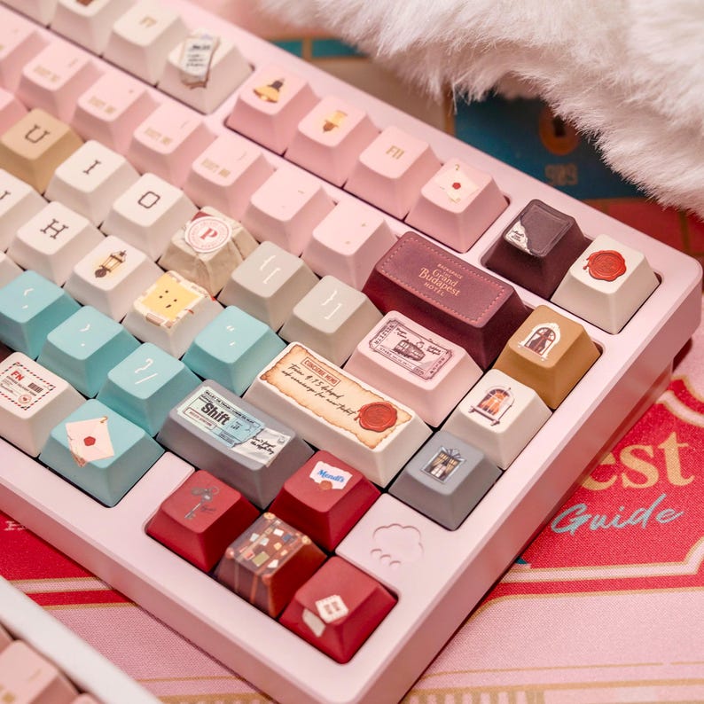 Grand Budapest–Inspired Keycaps | Vintage Hotel Keyboard Set | Pastel Pink Film Art Mechanical Keycaps