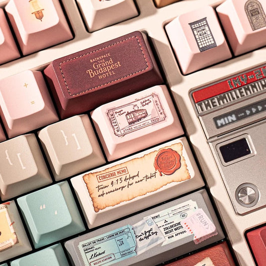 Grand Budapest–Inspired Keycaps | Vintage Hotel Keyboard Set | Pastel Pink Film Art Mechanical Keycaps