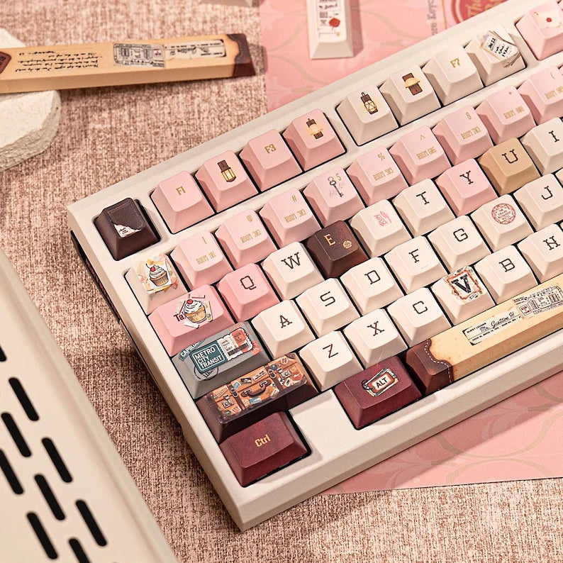 Grand Budapest–Inspired Keycaps | Vintage Hotel Keyboard Set | Pastel Pink Film Art Mechanical Keycaps